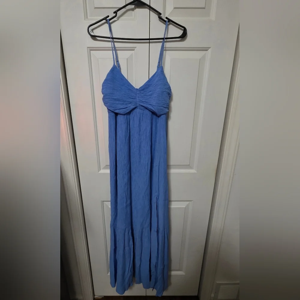 Abercrombie And Fitch Crinkle Textured Ruched Maxi Dress Medium Tall NWT Blue